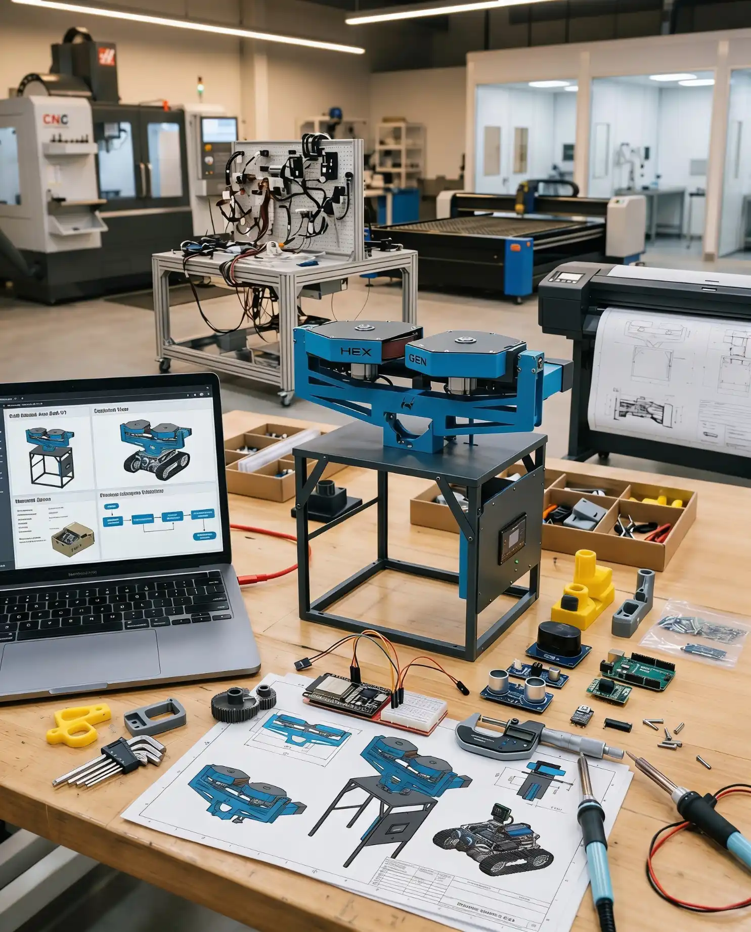 Product Lab with laptop, robot and electronic components